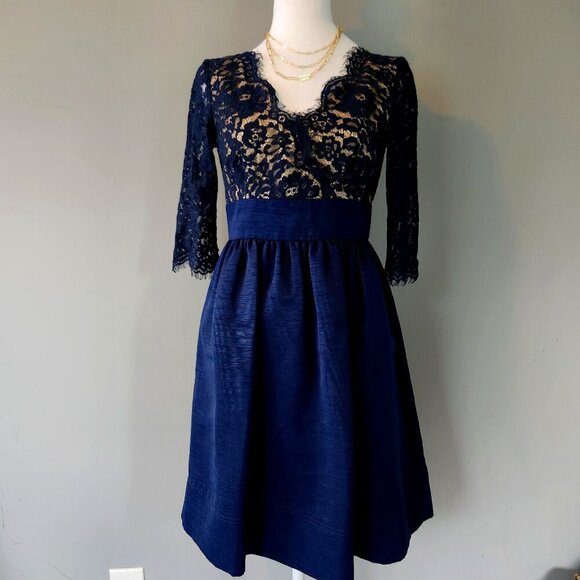 Eliza J Lace Fit and Flare Navy Blue Cocktail Dress. Pockets. Size 4P. - Picture 1 of 15